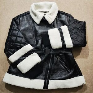 Faux Leather Black Zip Up Women's Coat -U